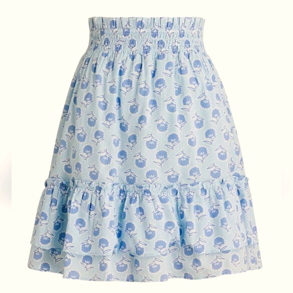 J Crew Skirt Ruffle Smocked Coquette Cottagecore Floral Blue‎ White Short 3X